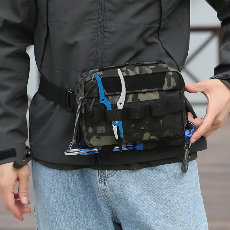 Tactical chest bag in black polyester with under 20L capacity for hiking and cycling