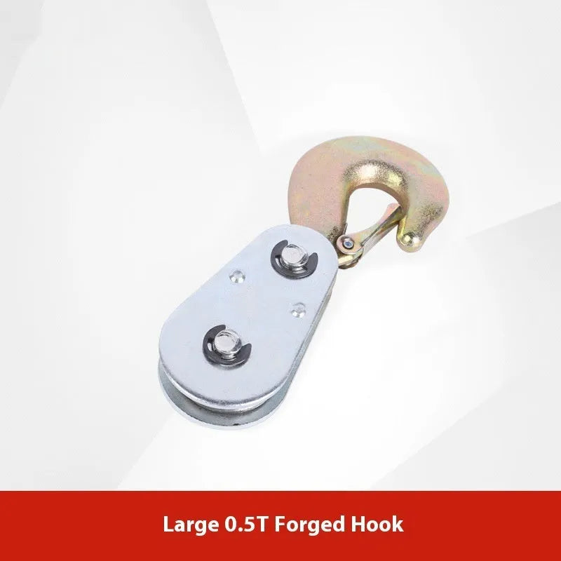 Red industrial lifting pulley with safety latch and forged steel construction