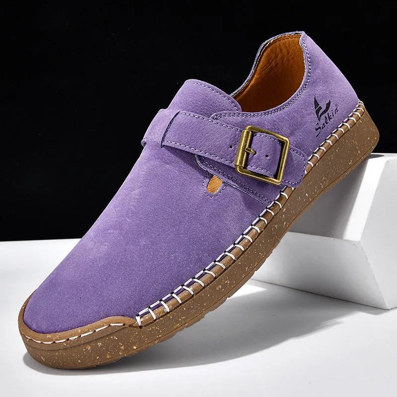 Women's low top PU loafers with buckle fastening, round toe and flat 1-3cm heel in solid colour
