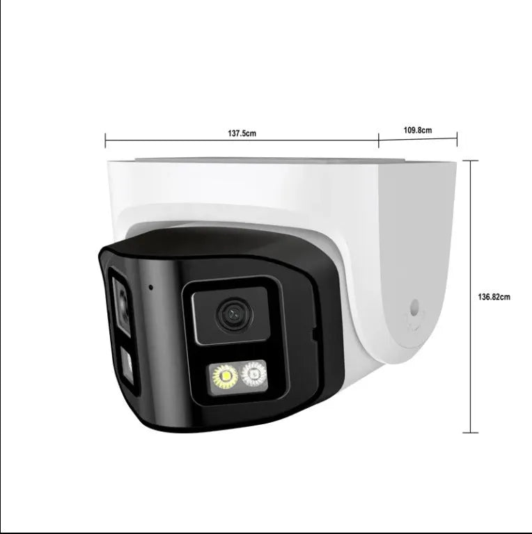 4MP dual lens IP security camera with IP66 weatherproof housing measuring 124x72x201 mm