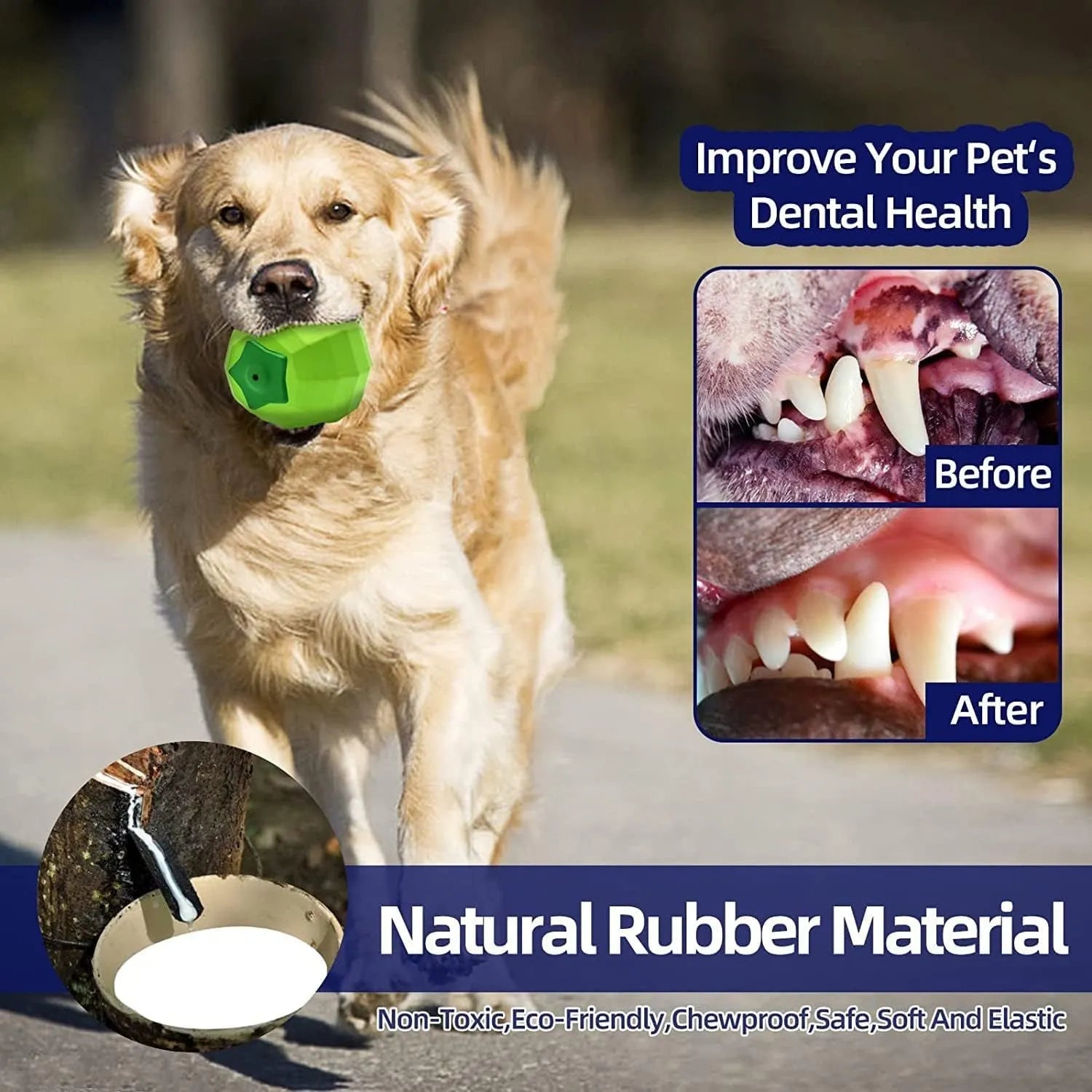 Green natural rubber squeaky dog chew ball for large aggressive chewers on a white background.