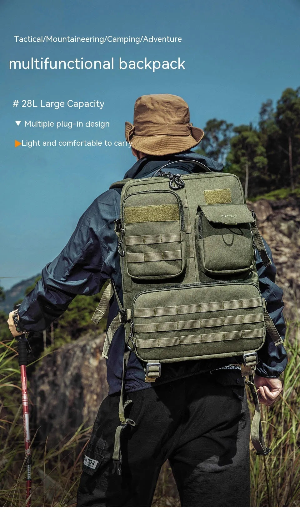 Army green tactical backpack with 17 inch size and 20-35 litre capacity for outdoor use