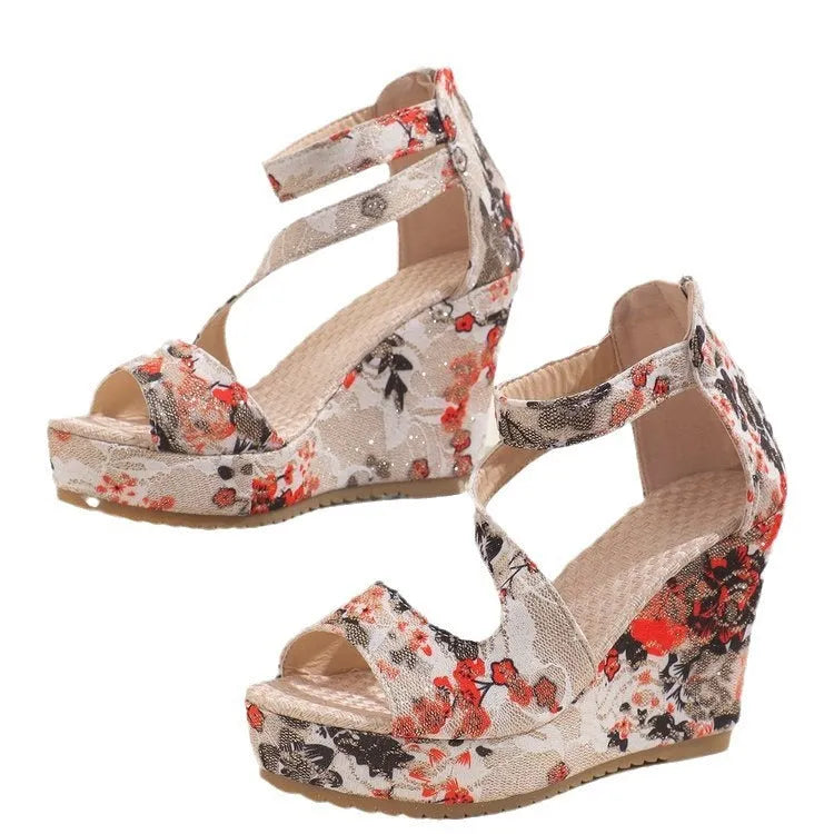 Women's black lace up muffin wedge sandals with fish mouth toe and PU upper