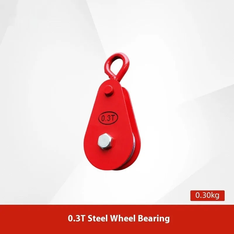 Red industrial lifting pulley with safety latch and forged steel construction