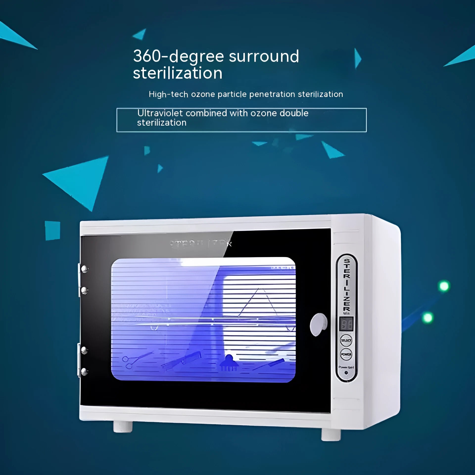 Small silver ultraviolet sterilizer unit with colour plate shell for salon tool hygiene.