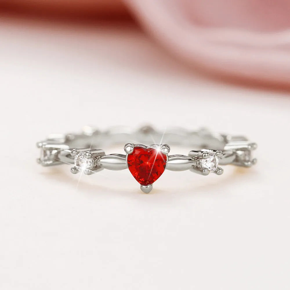 Personalised zircon peach heart ring in gold or silver electroplated copper with engraving option