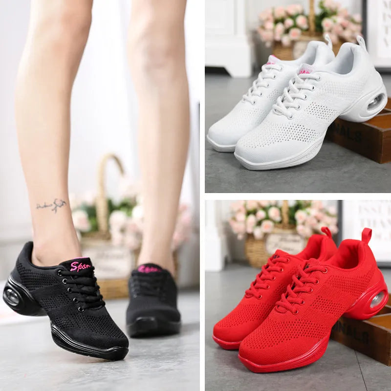 Women's breathable fly woven mesh dancing shoes in various colours with lightweight PU sole.