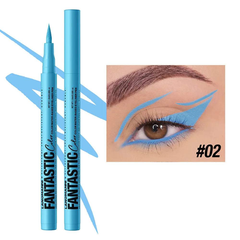 Matte anti-smudge liquid eyeliner in twelve colours including white, gold, purple, brown, blue, and iron grey