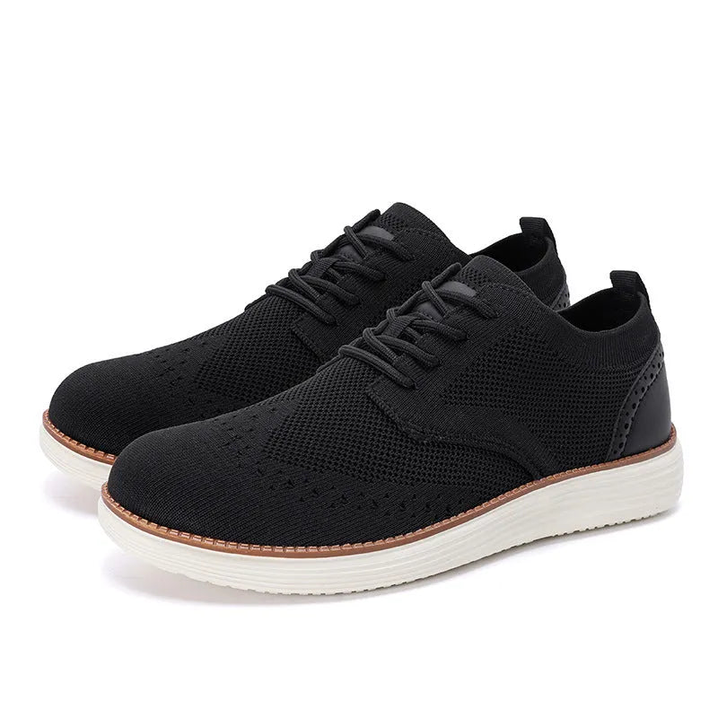 Men's breathable mesh hiking shoes in black with rubber sole and low heel, side view
