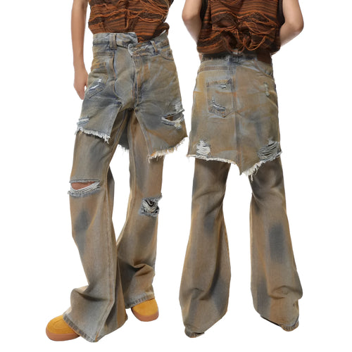 High-waist bootcut denim trousers in picture colour, front view, with button fly and straight-leg cut