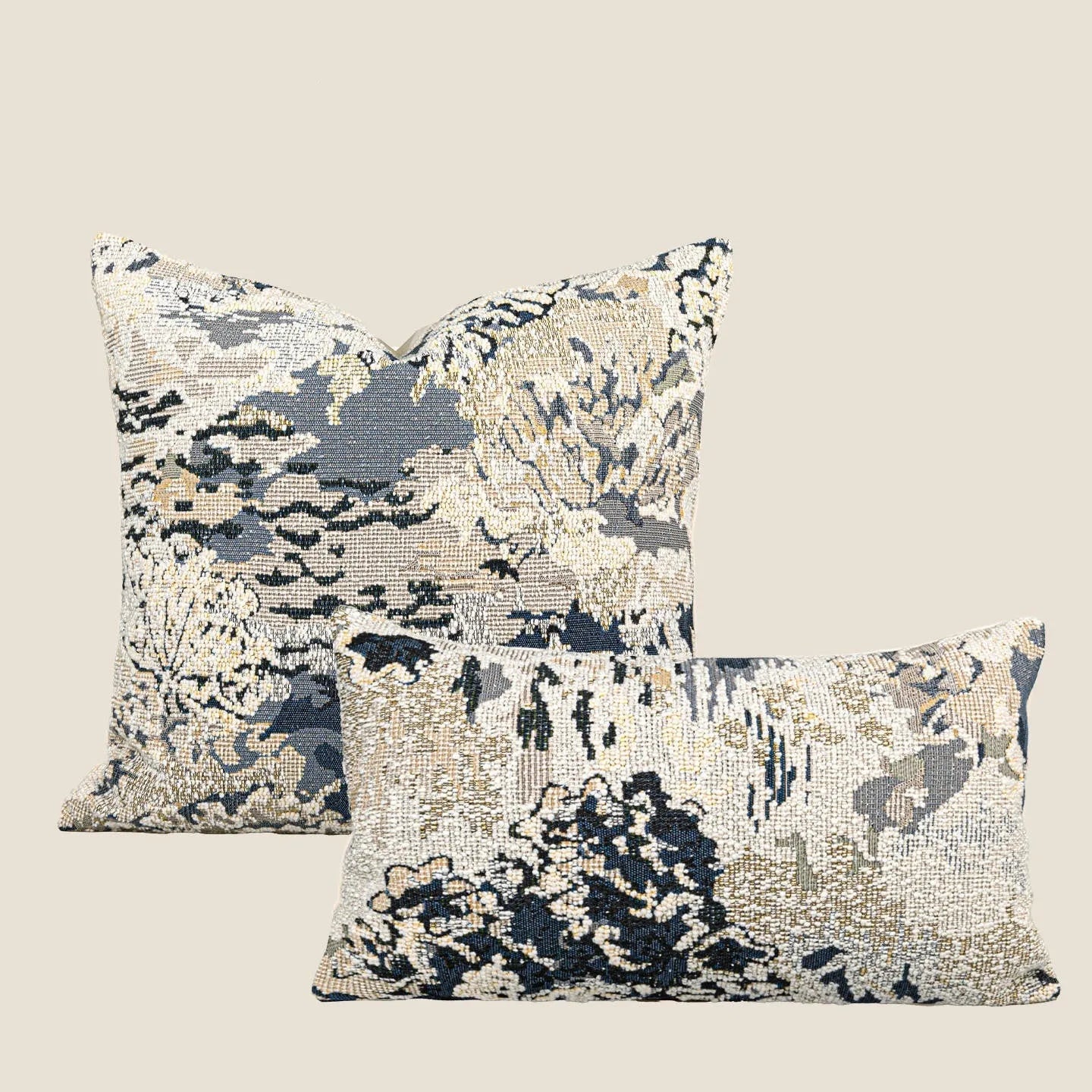 Antique blue decorative cushion with abstract flower pattern in Chinese style, shown in square and waist pillow sizes.