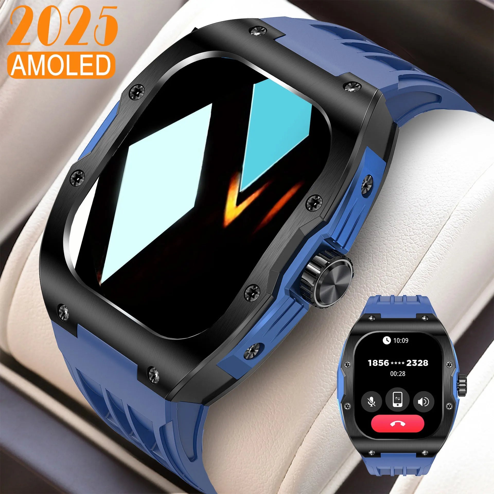 Men's black smart watch with AMOLED touch screen displaying fitness metrics on a blue silicone strap