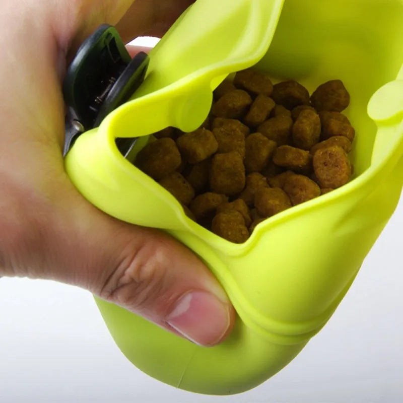 Silicone dog treat bag with belt clip shown in multiple colours