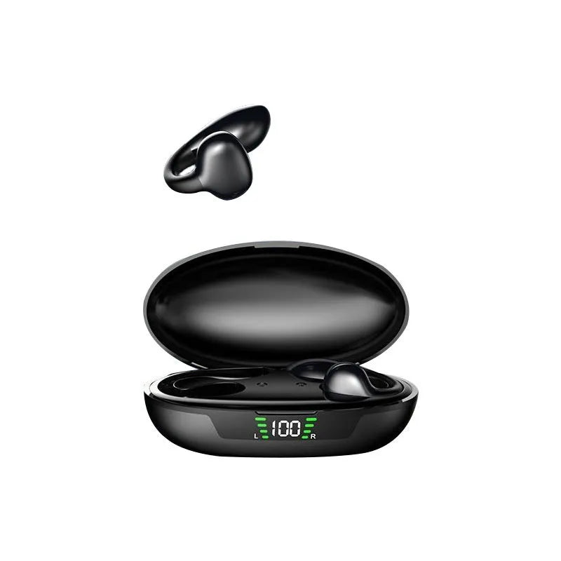 Clip-on Bluetooth earphone with comfortable wear, available in black, white, and skin colour, featuring 8-hour battery and waterproof design