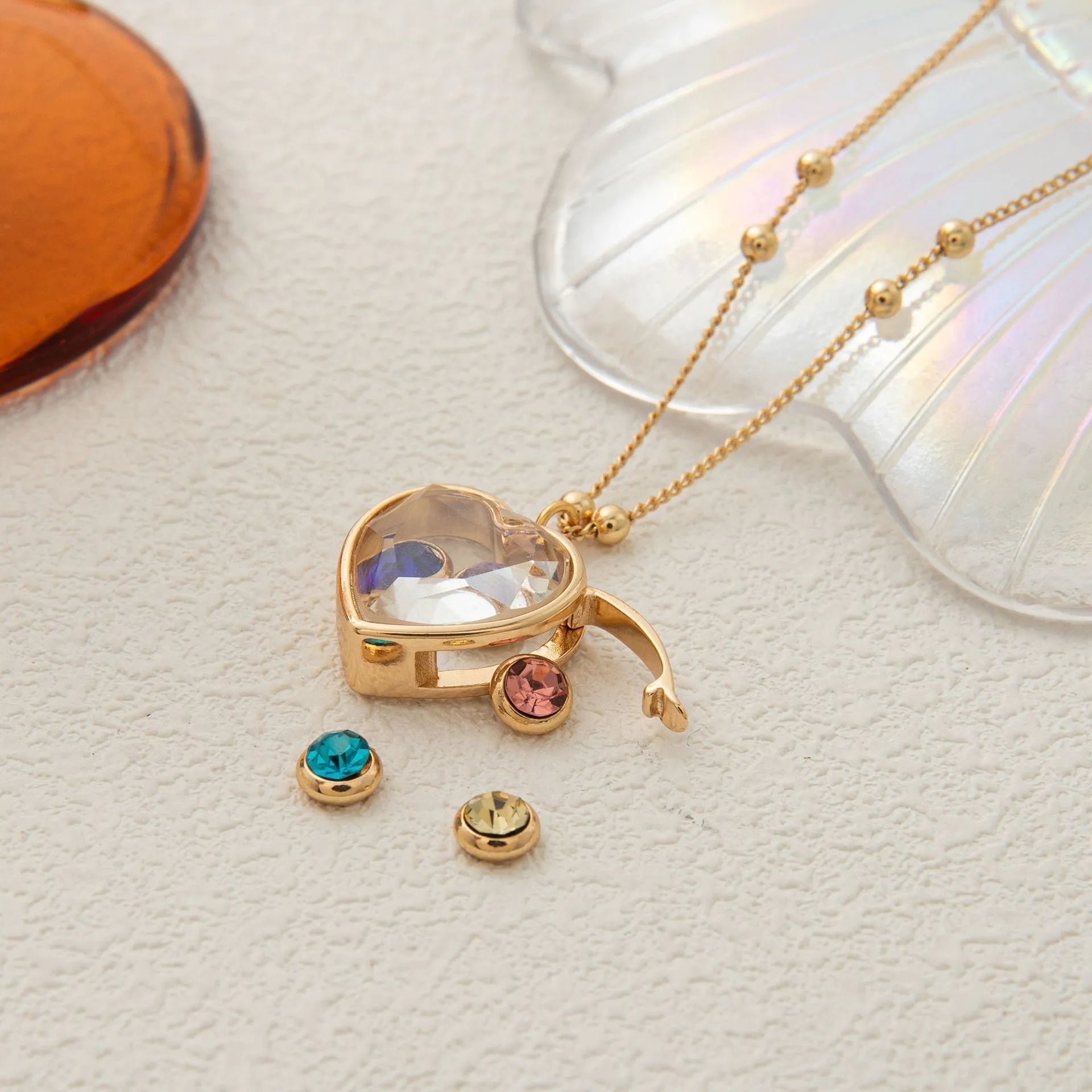 Heart-shaped copper glass box pendant necklace with O-ring chain and monthly birthstone colour insert