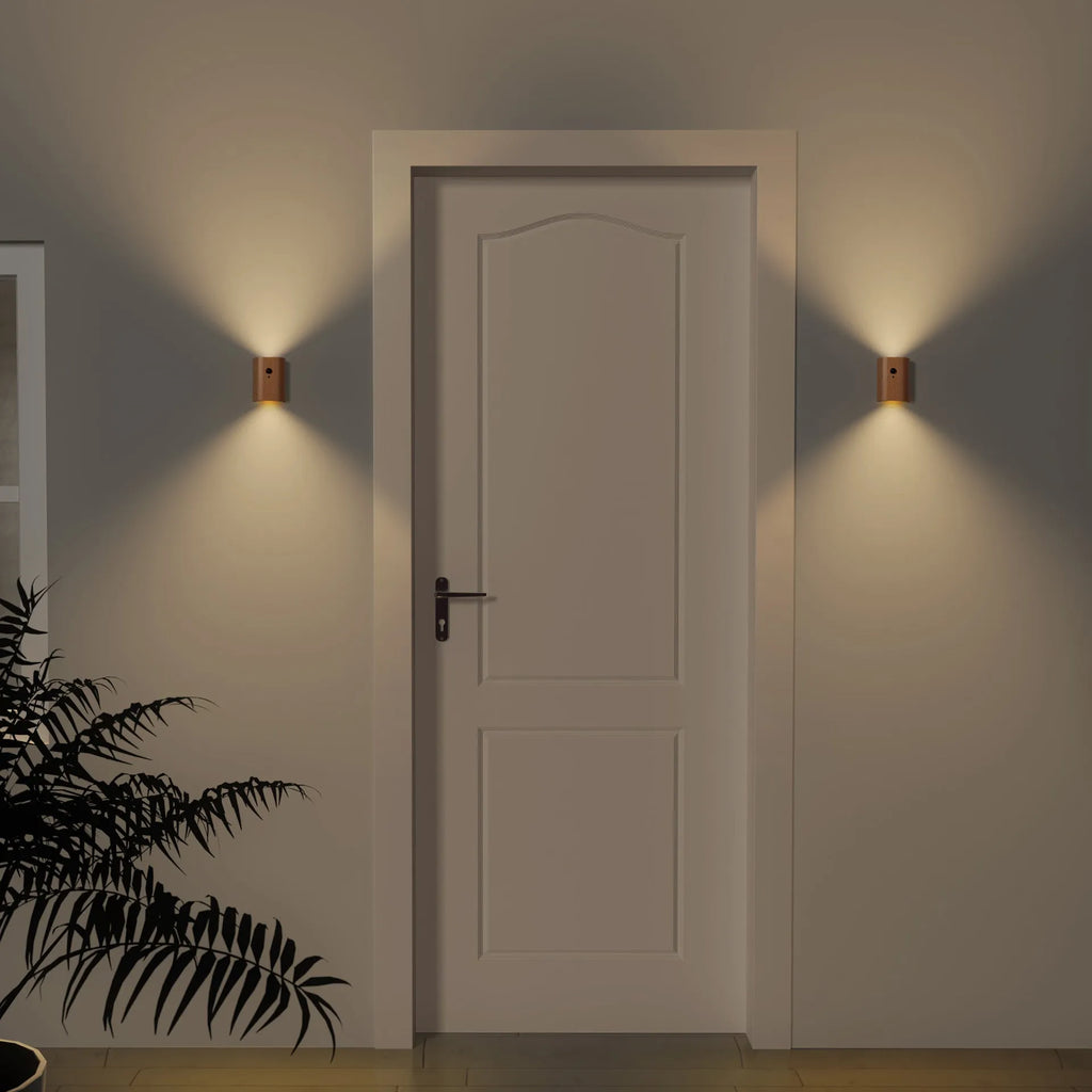 Solid wood pattern linkage human body induction LED light with warm white glow, Sapele finish