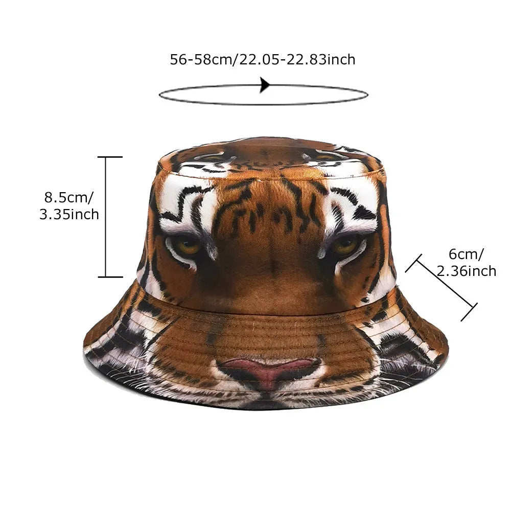 Tiger pattern bucket hat with dome crown in khaki animal print on polyester fabric
