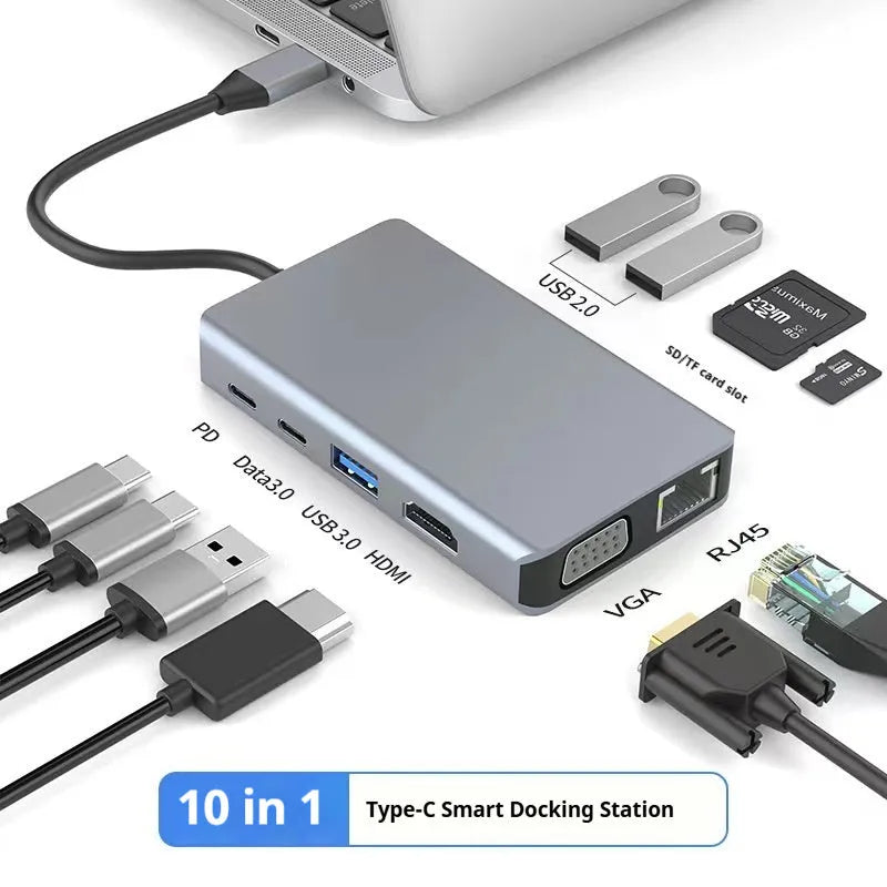 USB-C 7-in-1 expansion dock with HDMI port, multiple USB ports, and a 15cm black cable.
