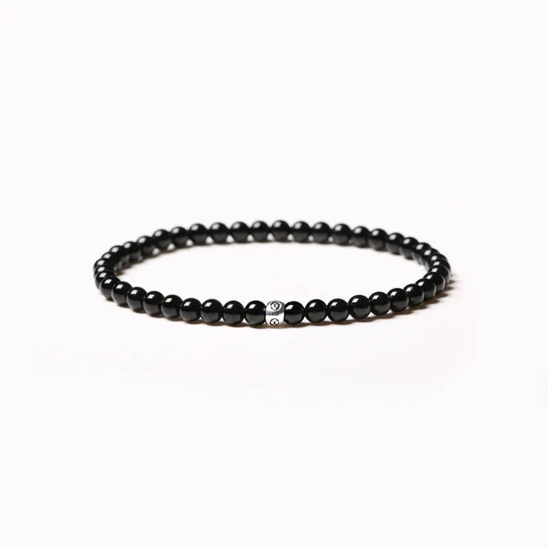 Unisex geometric bracelet with 4mm obsidian, blue San, and black agate beads and electroplated finish