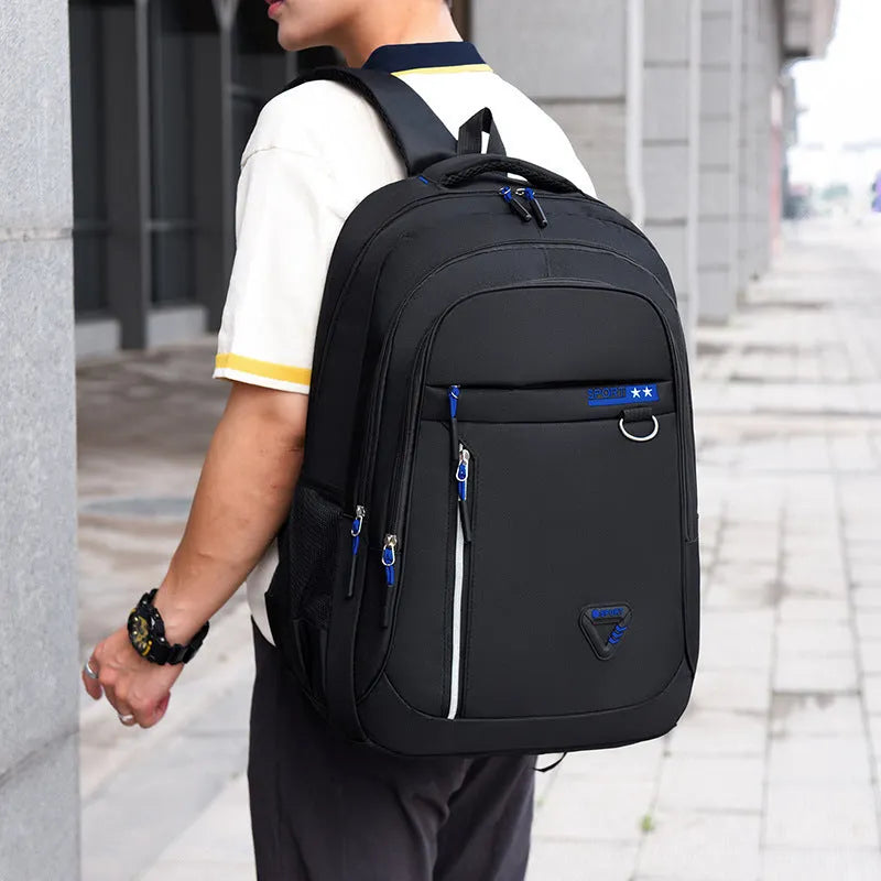 Men's Oxford cloth school backpack in black with letter pattern and air pillow belt