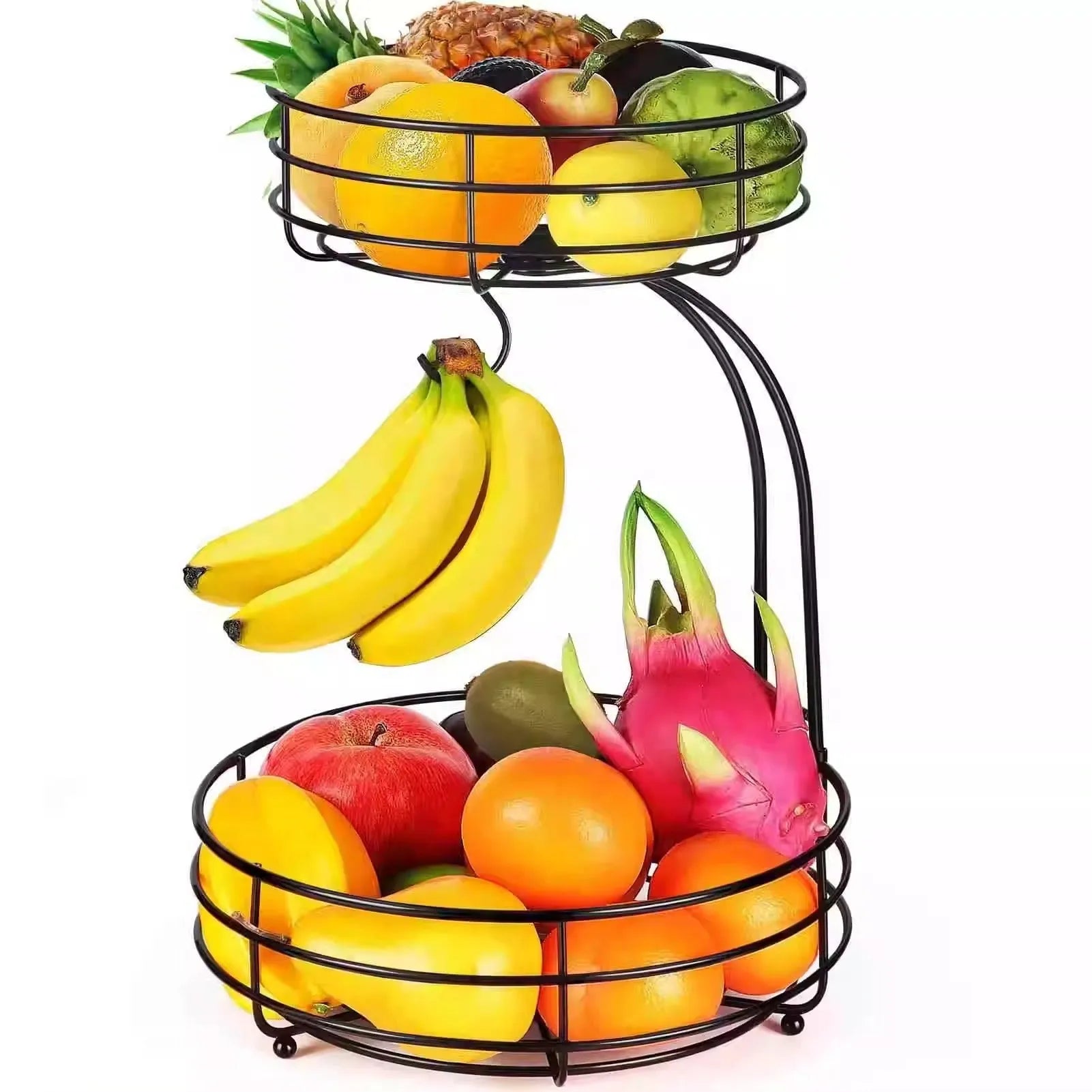 Double-layer wrought iron fruit basket in black or gold for restaurant and kitchen storage