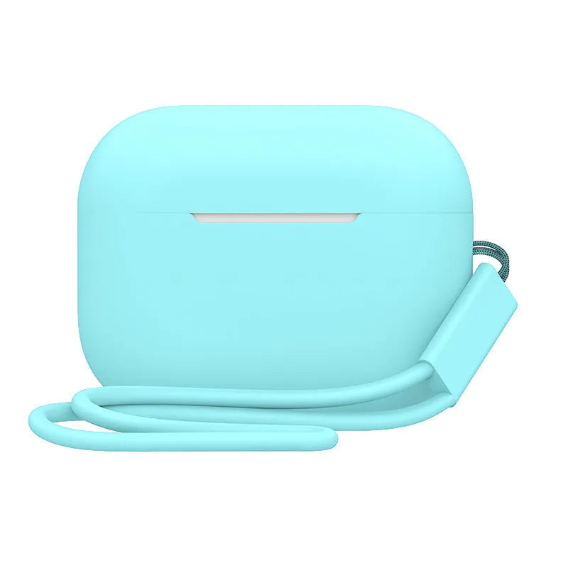 Silicone protective case cover for AirPods Pro 2 with attached lanyard, solid colour finish, 65x52x26mm