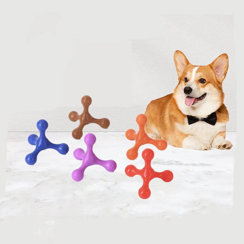 Blue beef-flavoured silicone chew toy for small puppies with three legs, shown next to a ruler measuring 9.5cm.