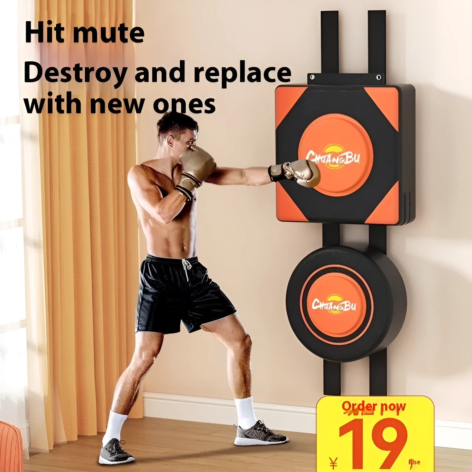 Hanging boxing wall target set with PU leather construction showing round and square punching surfaces
