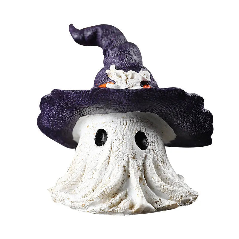 A purple and a black solid resin wizard hat ornament for holiday decoration.