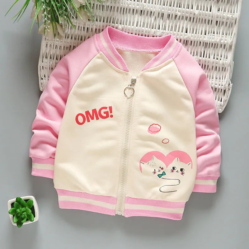 Boys and girls Korean baseball casual jacket with V-neck and cartoon prints in beige on white background
