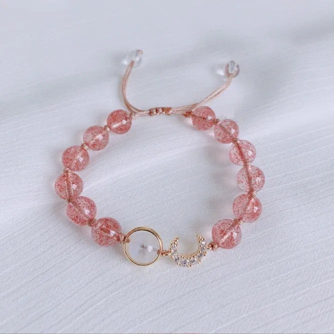 Handmade strawberry quartz crystal bracelet with green quartz moon charm for women