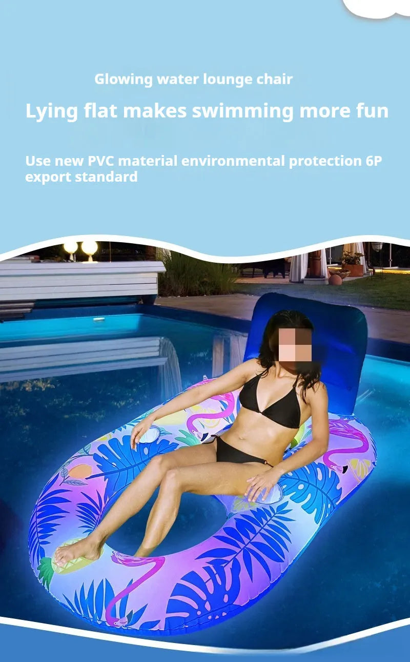 Large white luminous inflatable floating bed with backrest reclining in a swimming pool