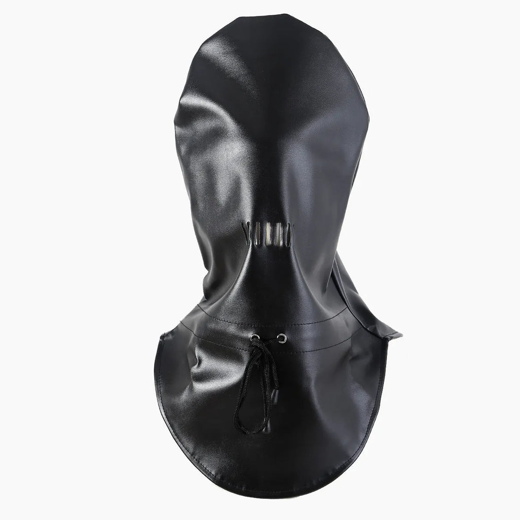 Black PU leather adult roleplay face mask with adjustable straps on a model