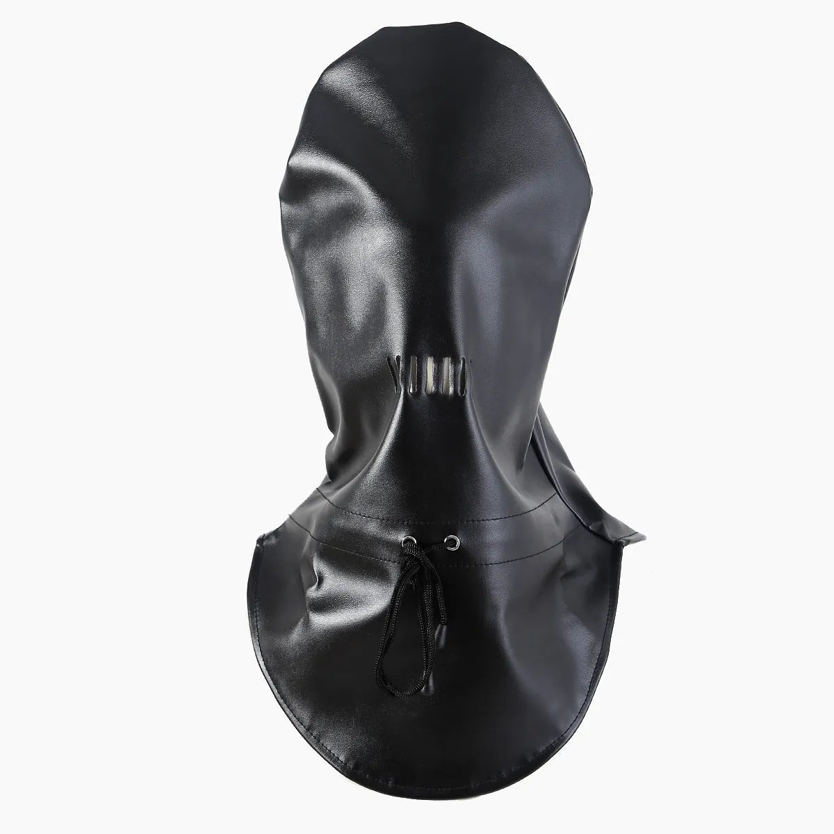 Black PU leather adult roleplay face mask with adjustable straps on a model