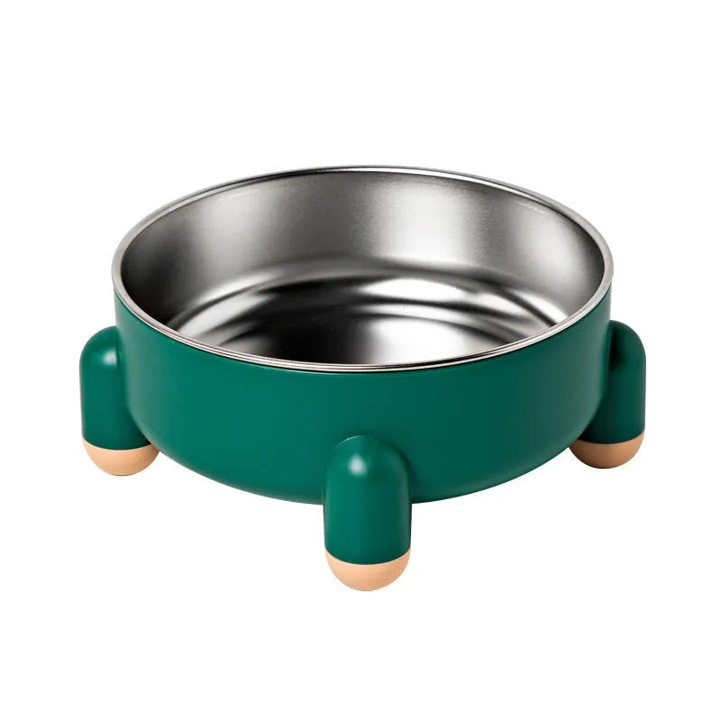 Non-slip stainless steel high foot pet bowl in green pink or white for dogs and cats