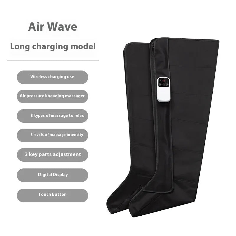 Black leg massage boots with air wave technology, fully wrapped design covering calf and foot