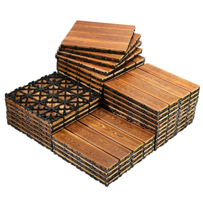 Square camphor pine floor panels with a brushed wood finish, shown in a 30x30cm size.