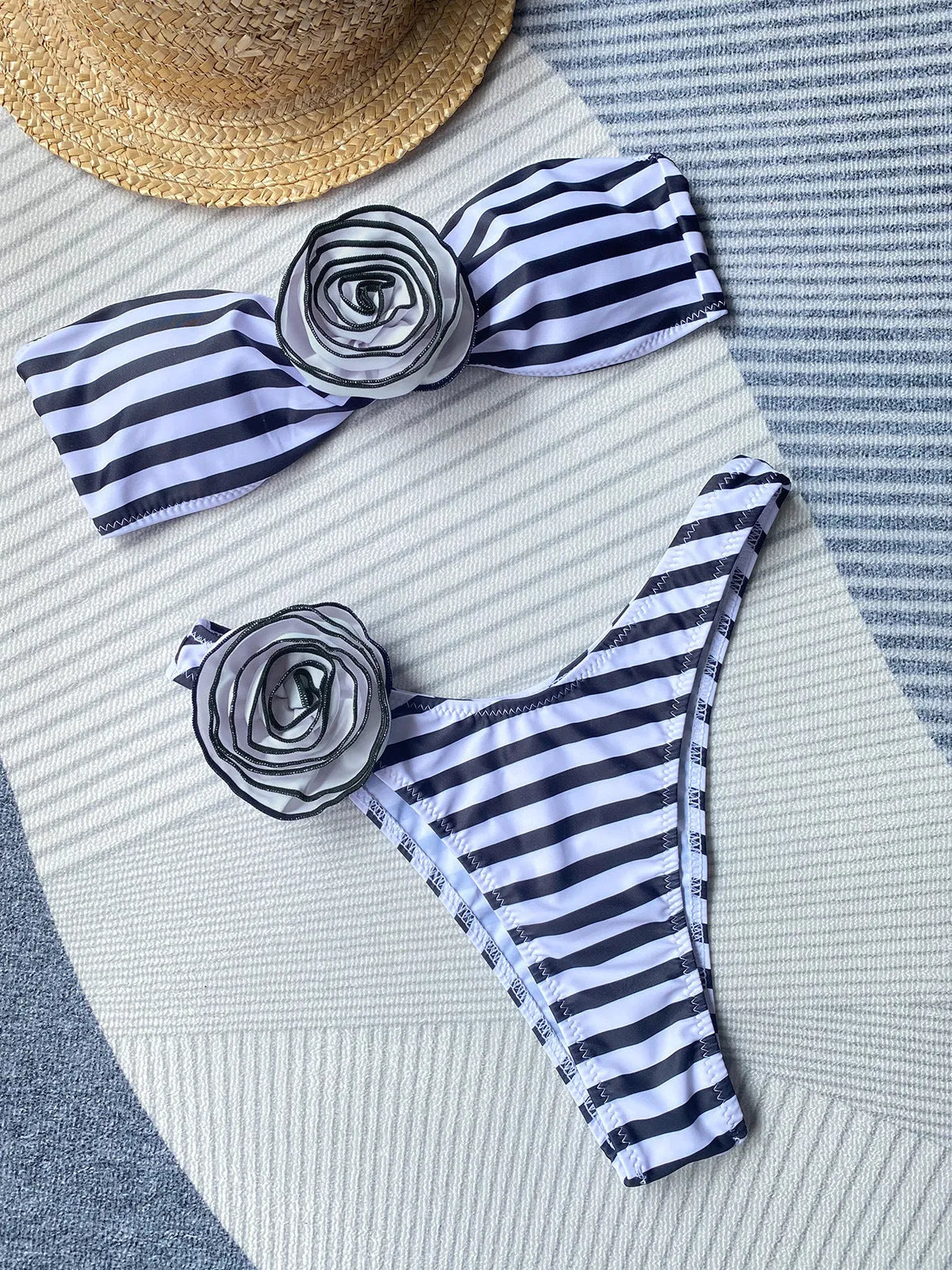 Cross-border tube top bikini swimsuit with three-dimensional flower split design in striped pattern
