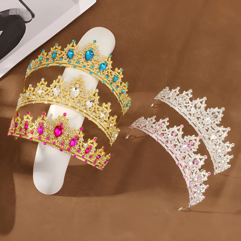 Gold alloy crown-shaped wedding hair headdress with electroplated finish on neutral background