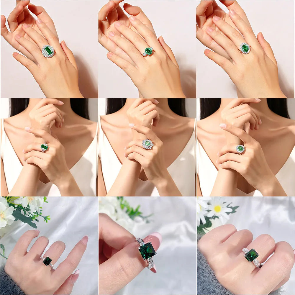 Geometric S925 silver women's ring with an elliptical emerald-cut high carbon diamond inlay.