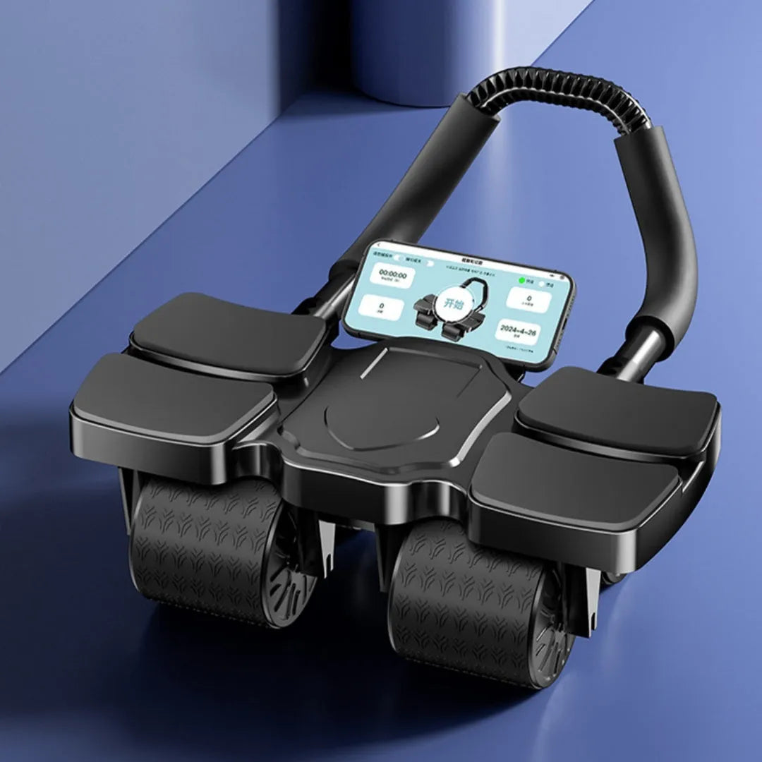 Black automatic rebound abdominal wheel with four wheels and rubber grips on a wooden floor.