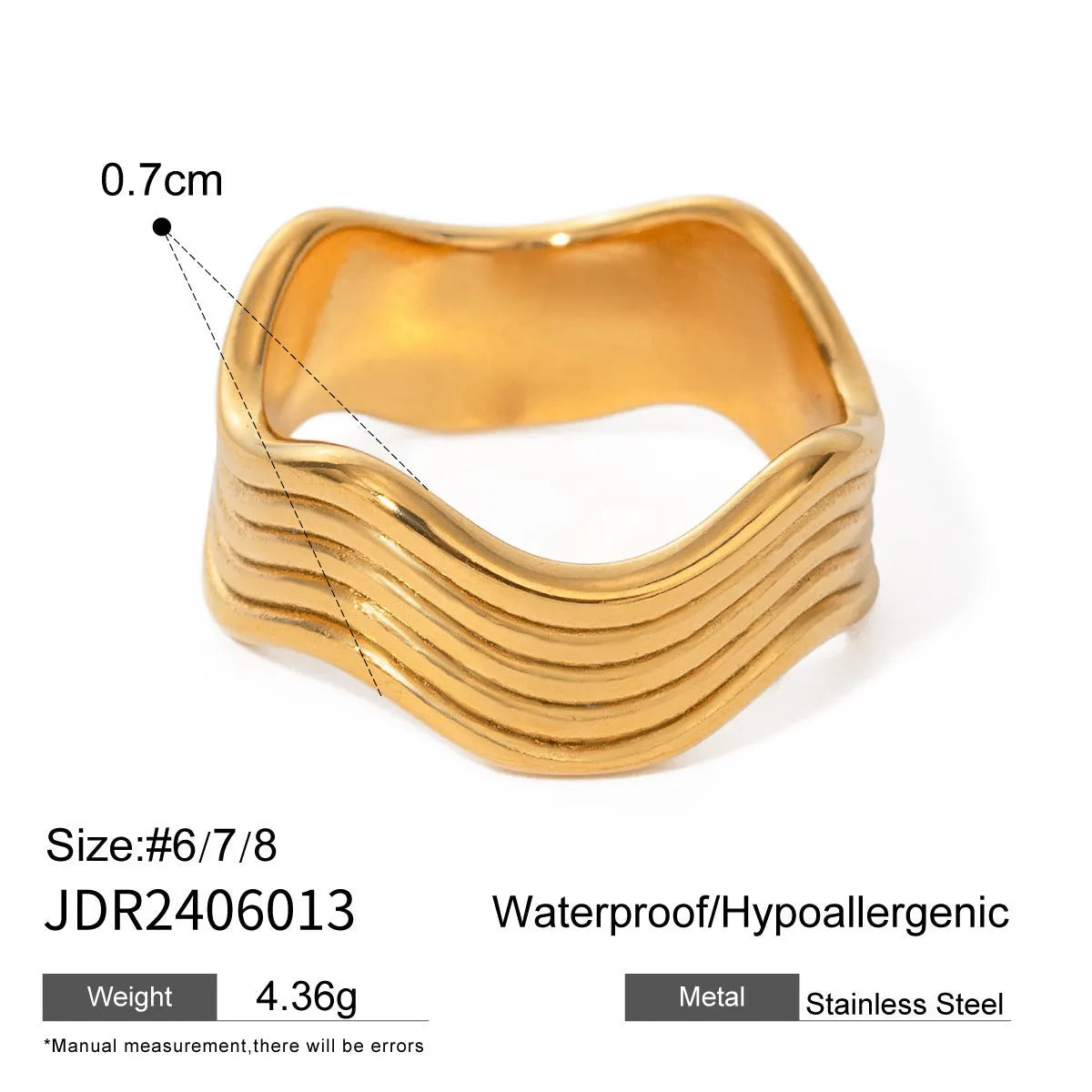 Stainless steel wide band ring with an embossed geometric wave pattern, shown in an electroplated colour.