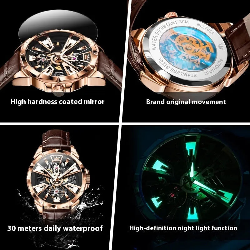 Men's automatic mechanical watch with transparent case back showing movement, 44mm barrel dial