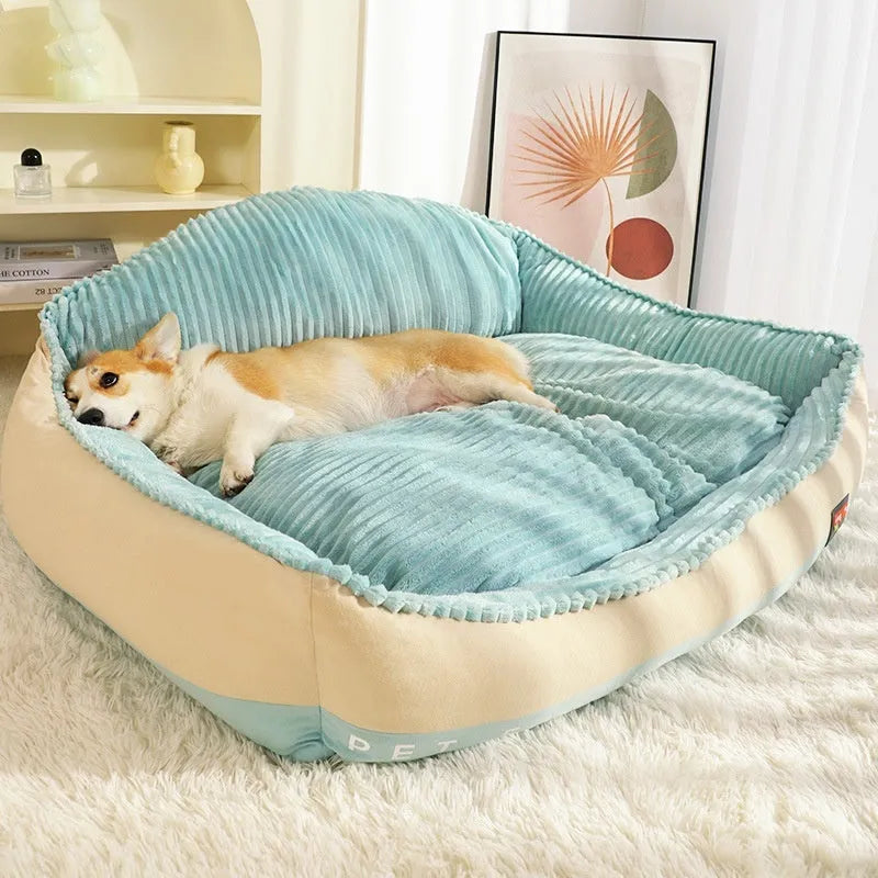 Morandi colour washable dog sofa bed with removable cover, shown in M and L sizes.