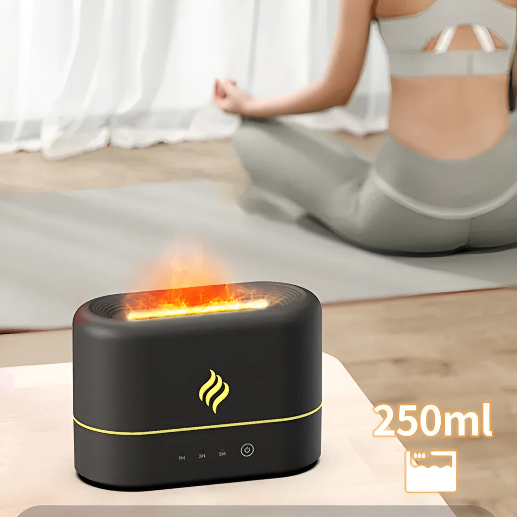 Black USB humidifier with seven-colour flame lighting effect on wooden surface