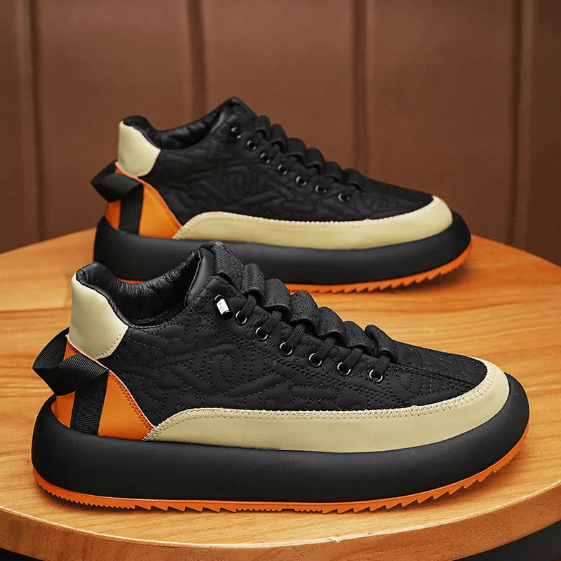 Mens black and orange leather sports casual board shoes with synthetic PU upper, PVC sole, and elastic band slip-on style