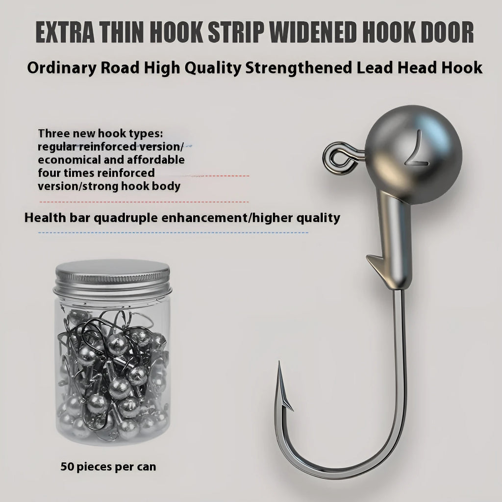 A pack of 50 steel jig fishing hooks in a primary colour, showing different hook point specifications.