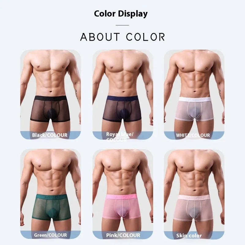 Men's thin polyester boxers in solid colours showing quick-drying breathable construction