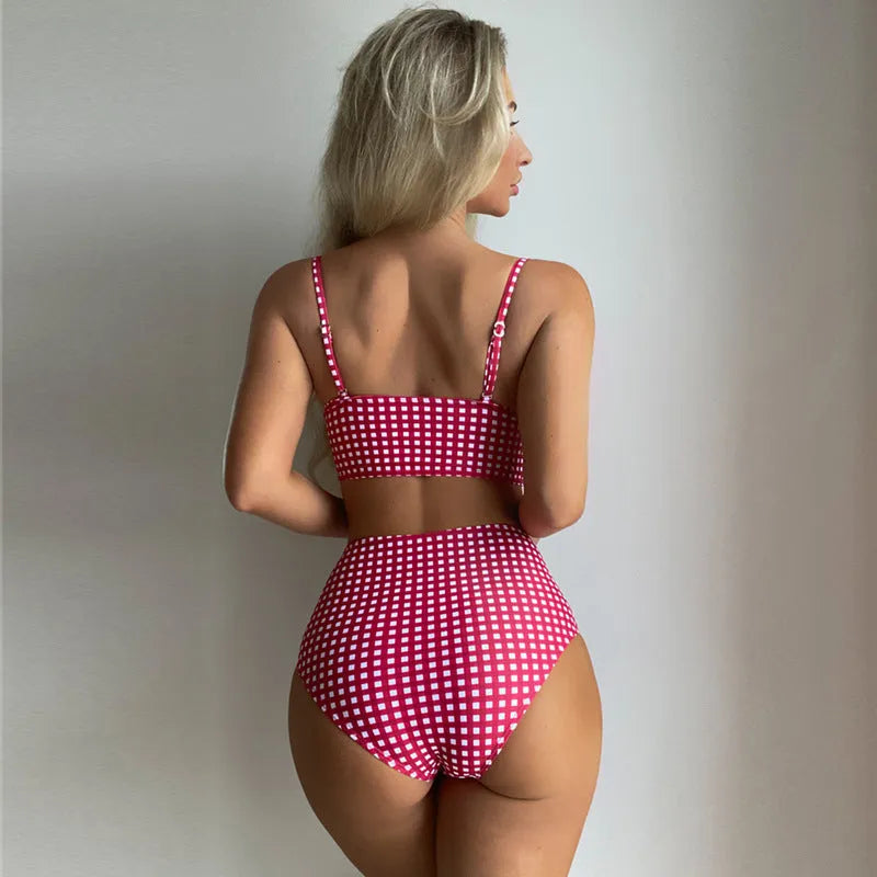 Women's rose red plaid high-waist bikini swimsuit with briefs bottom on a mannequin.