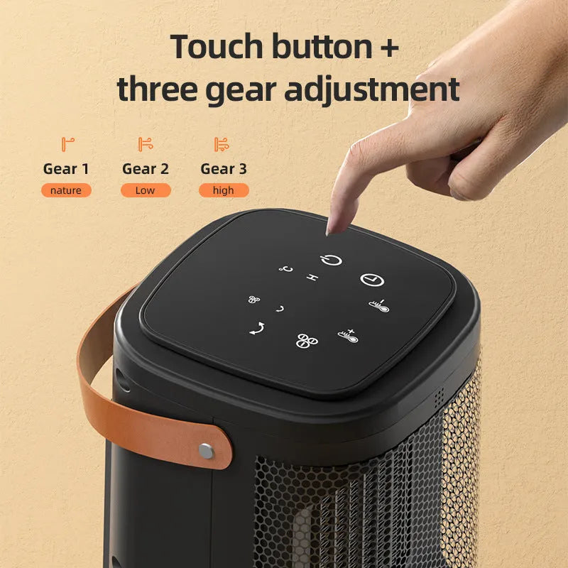 Silver touch screen electric radiator heater with remote control on a wooden desk.